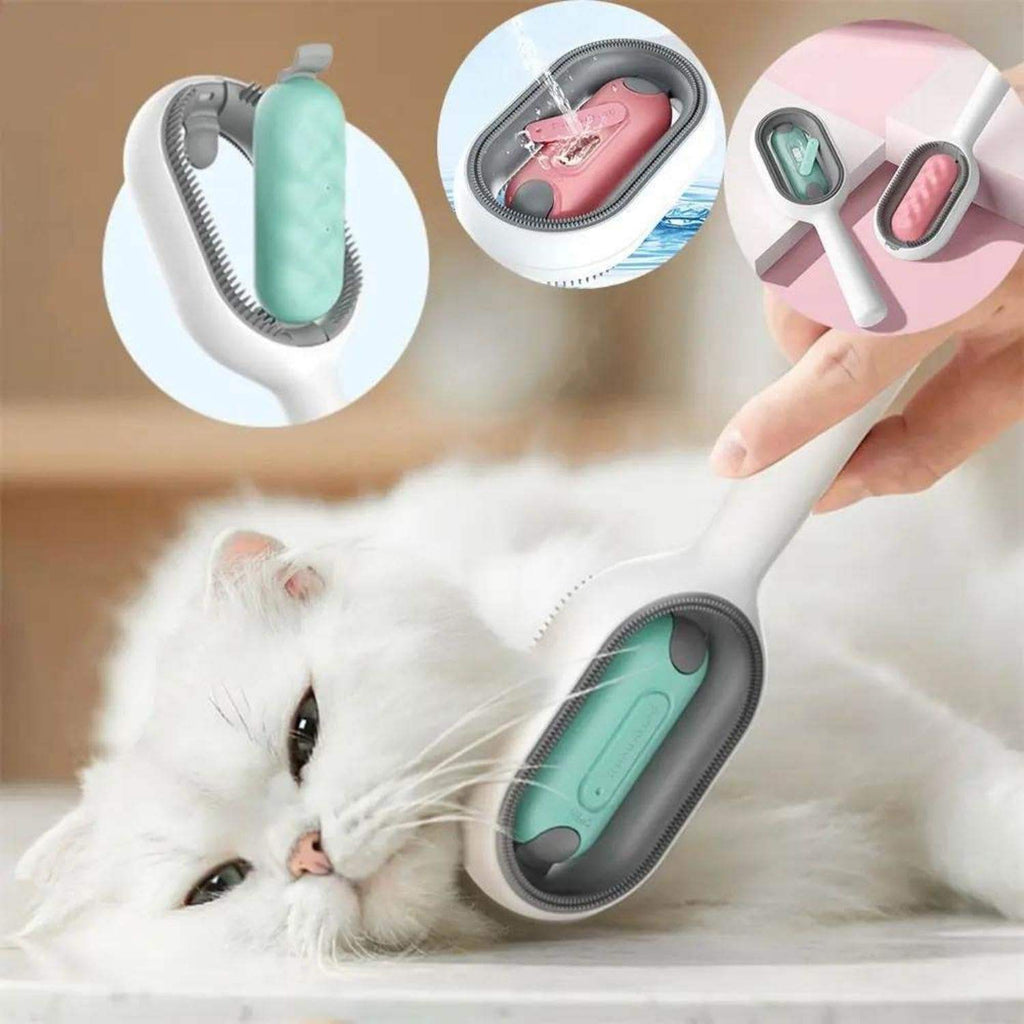 Filling the Paw Velour brush's water tank, mint and pink color options, brushing a white cat
