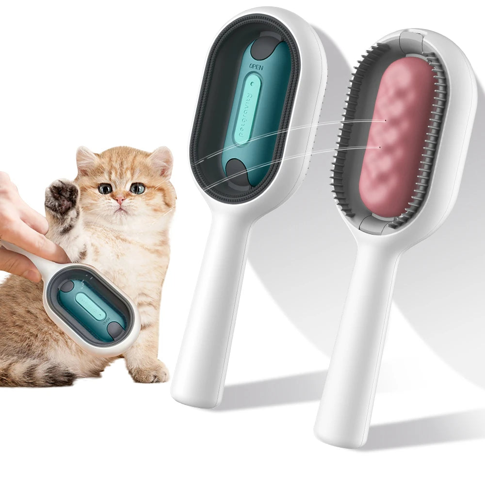 Front and back view of Paw Velour pet brush with water tank, used on a kitten
