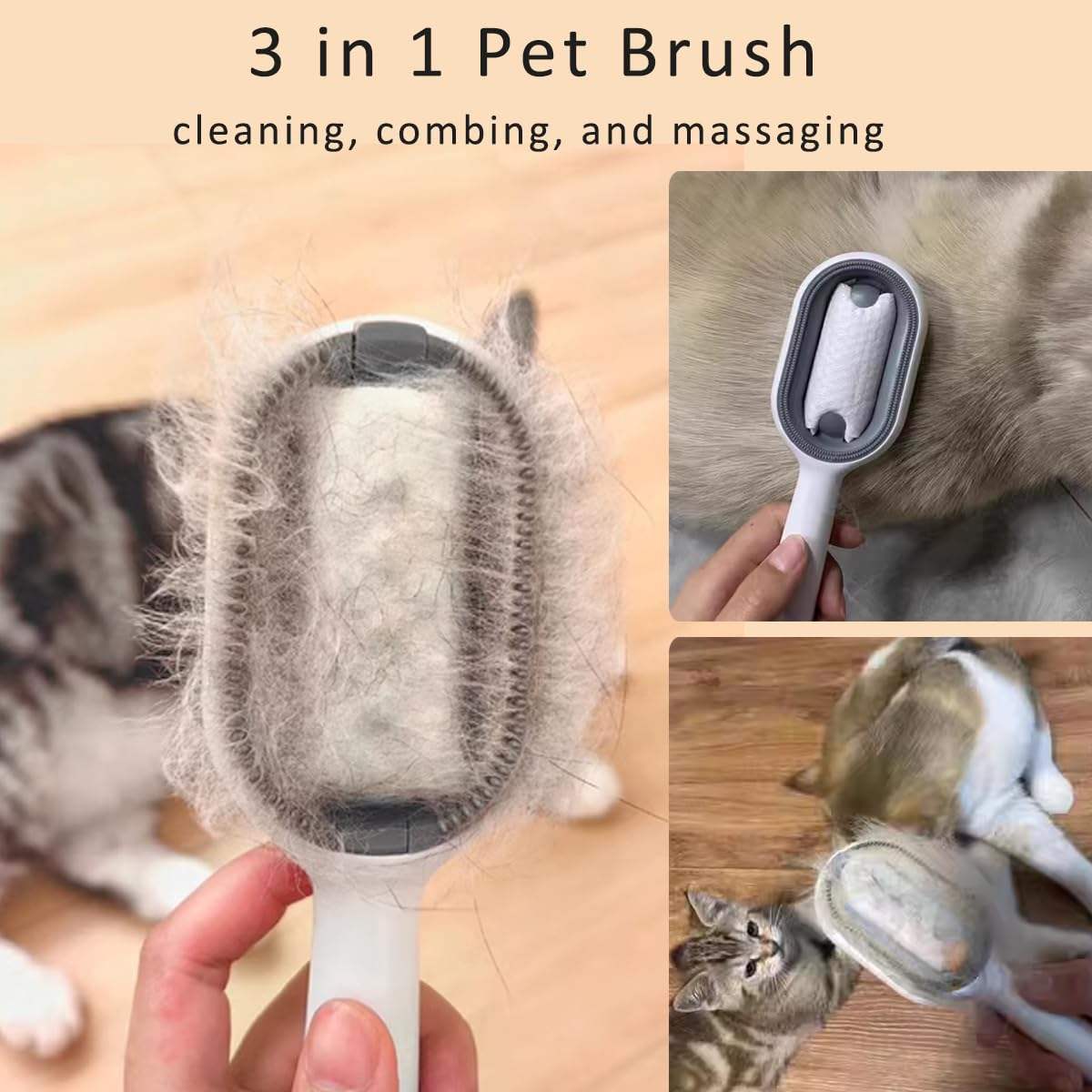 Paw Velour 3-in-1 pet brush collecting loose cat fur while grooming