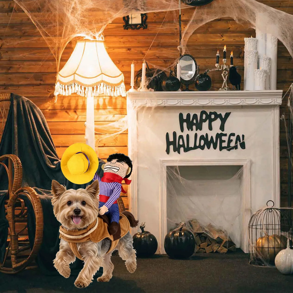 Paw Velour Cowboy Rider Pet Costume worn by a dog indoors near a Halloween fireplace scene