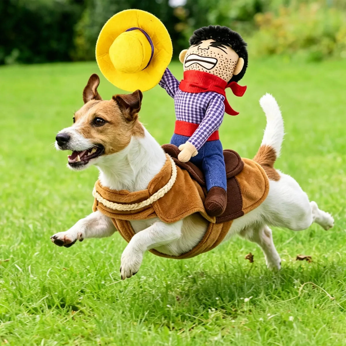 Close-up of a dog running while wearing the Paw Velour Cowboy Rider Pet Costume showing the saddle strap construction
