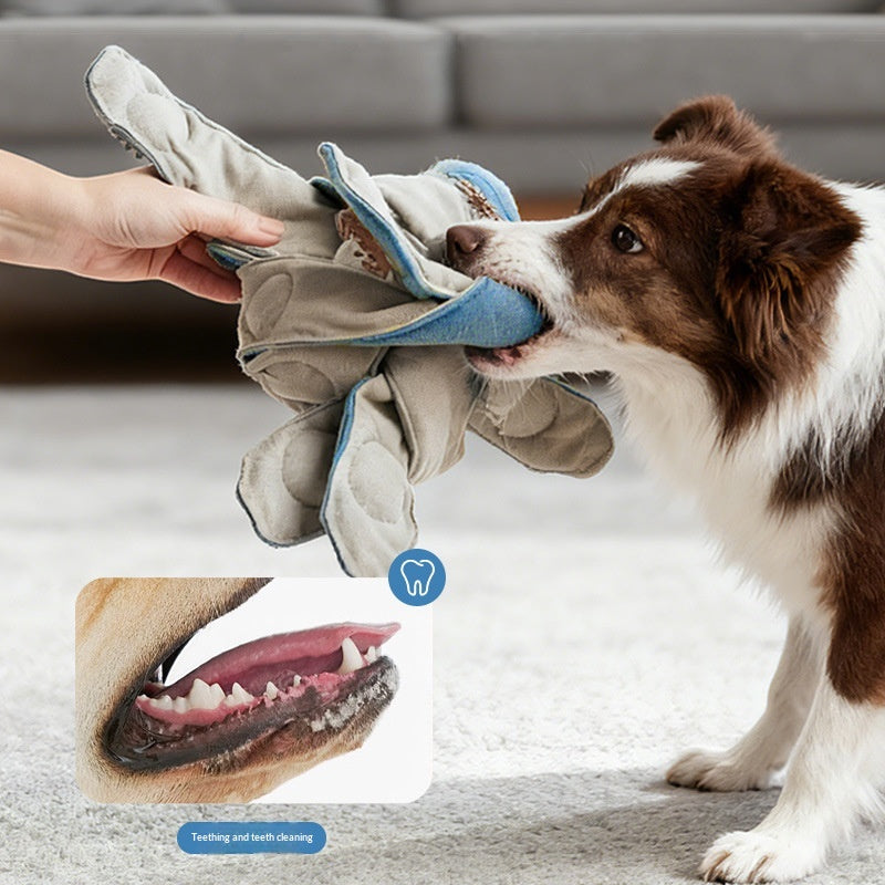 Dog playing with Paw Velour Octopus Treat Puzzle Toy