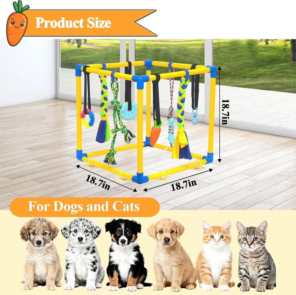 Interactive Puppy Play Gym with 8 Hanging Toys - Enrichment Activity Center for Small Dogs, Indoor PVC Frame, Adjustable Height, Includes Squeaky and Chew Toys