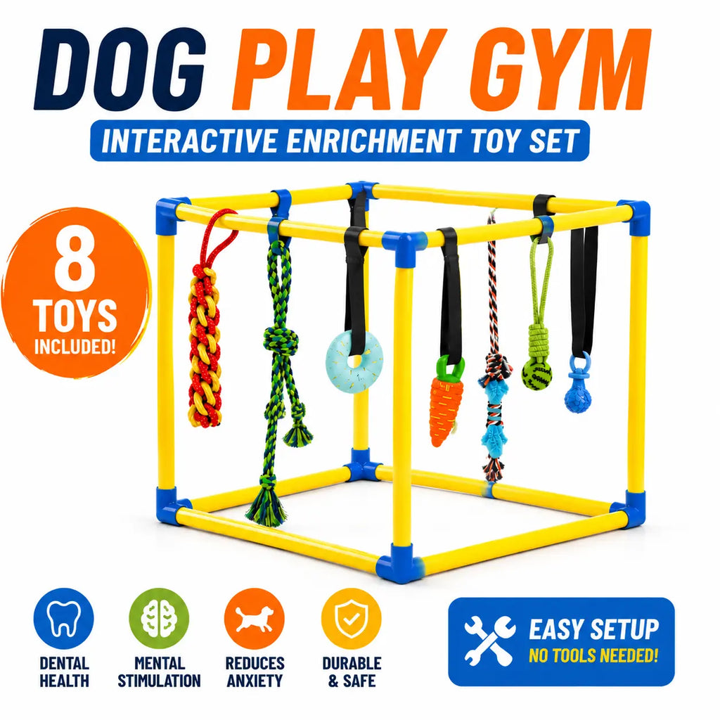 Interactive Puppy Play Gym with 8 Hanging Toys - Enrichment Activity Center for Small Dogs, Indoor PVC Frame, Adjustable Height, Includes Squeaky and Chew Toys