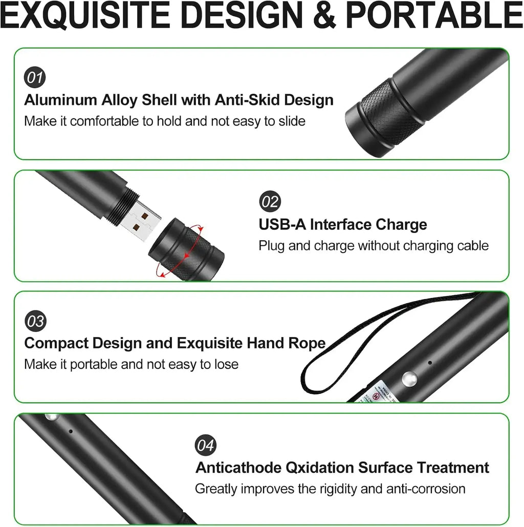 Rechargeable Green Laser Pointer and Line Light Flashlight for Presentations, Screen Displays, and Outdoor Use - Ideal for Office, Astronomy, Construction, and Pet Entertainment