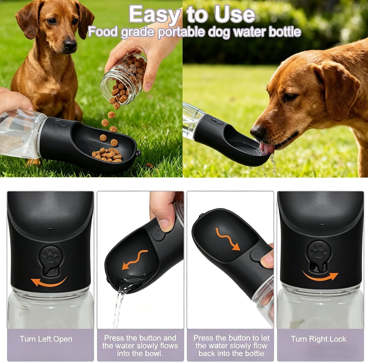 One-hand water control instructions for the portable dog water bottle