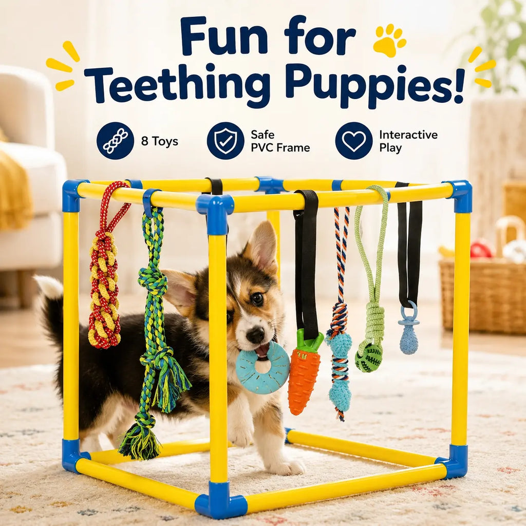 Interactive Puppy Play Gym with 8 Hanging Toys - Enrichment Activity Center for Small Dogs, Indoor PVC Frame, Adjustable Height, Includes Squeaky and Chew Toys