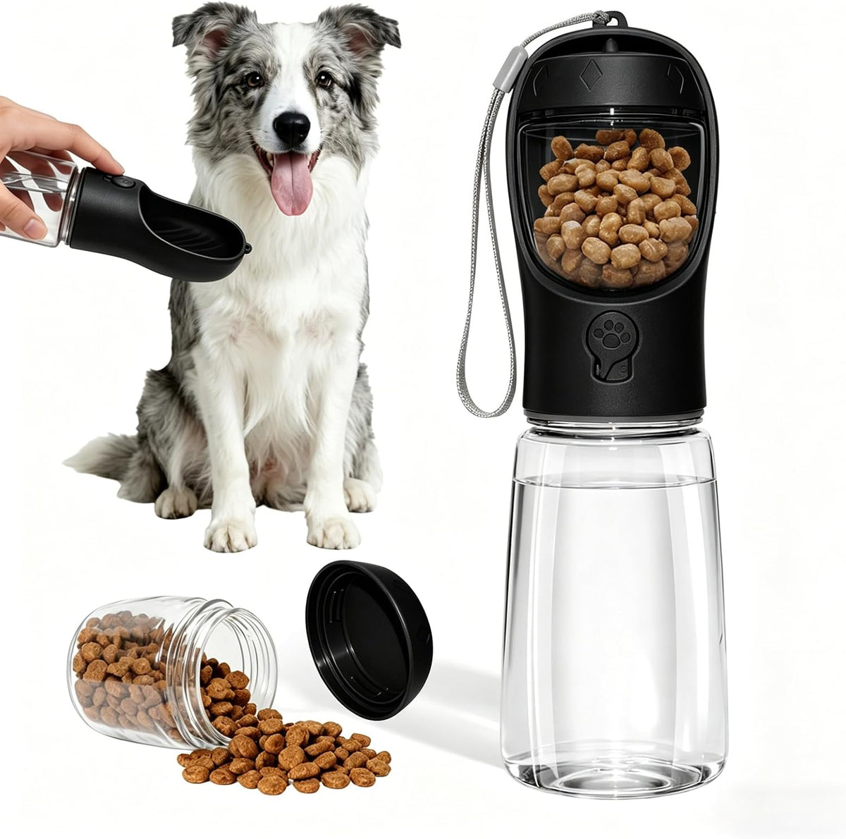 Portable dog water bottle with separate food storage container