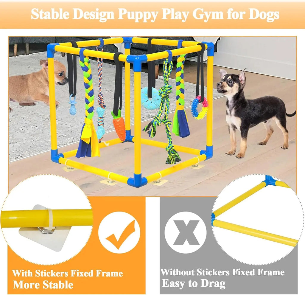 Interactive Puppy Play Gym with 8 Hanging Toys - Enrichment Activity Center for Small Dogs, Indoor PVC Frame, Adjustable Height, Includes Squeaky and Chew Toys