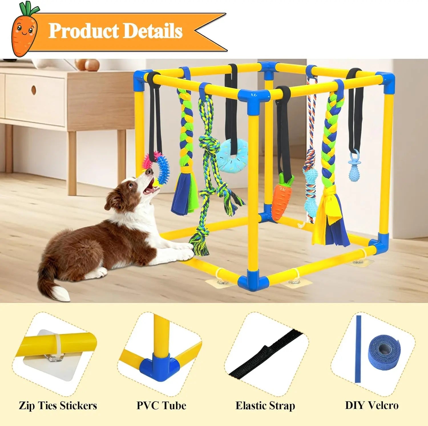 Interactive Puppy Play Gym with 8 Hanging Toys - Enrichment Activity Center for Small Dogs, Indoor PVC Frame, Adjustable Height, Includes Squeaky and Chew Toys