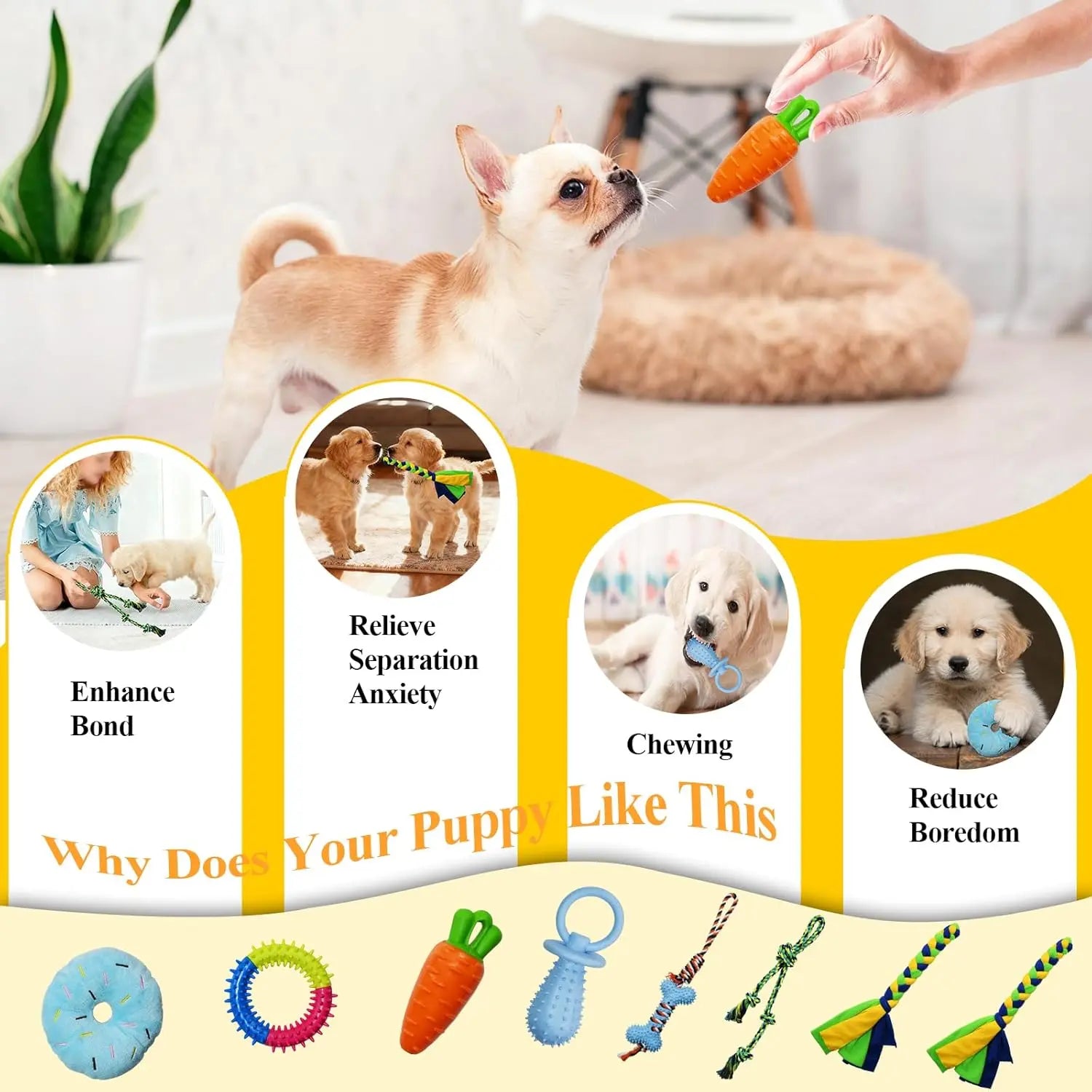 Interactive Puppy Play Gym with 8 Hanging Toys - Enrichment Activity Center for Small Dogs, Indoor PVC Frame, Adjustable Height, Includes Squeaky and Chew Toys