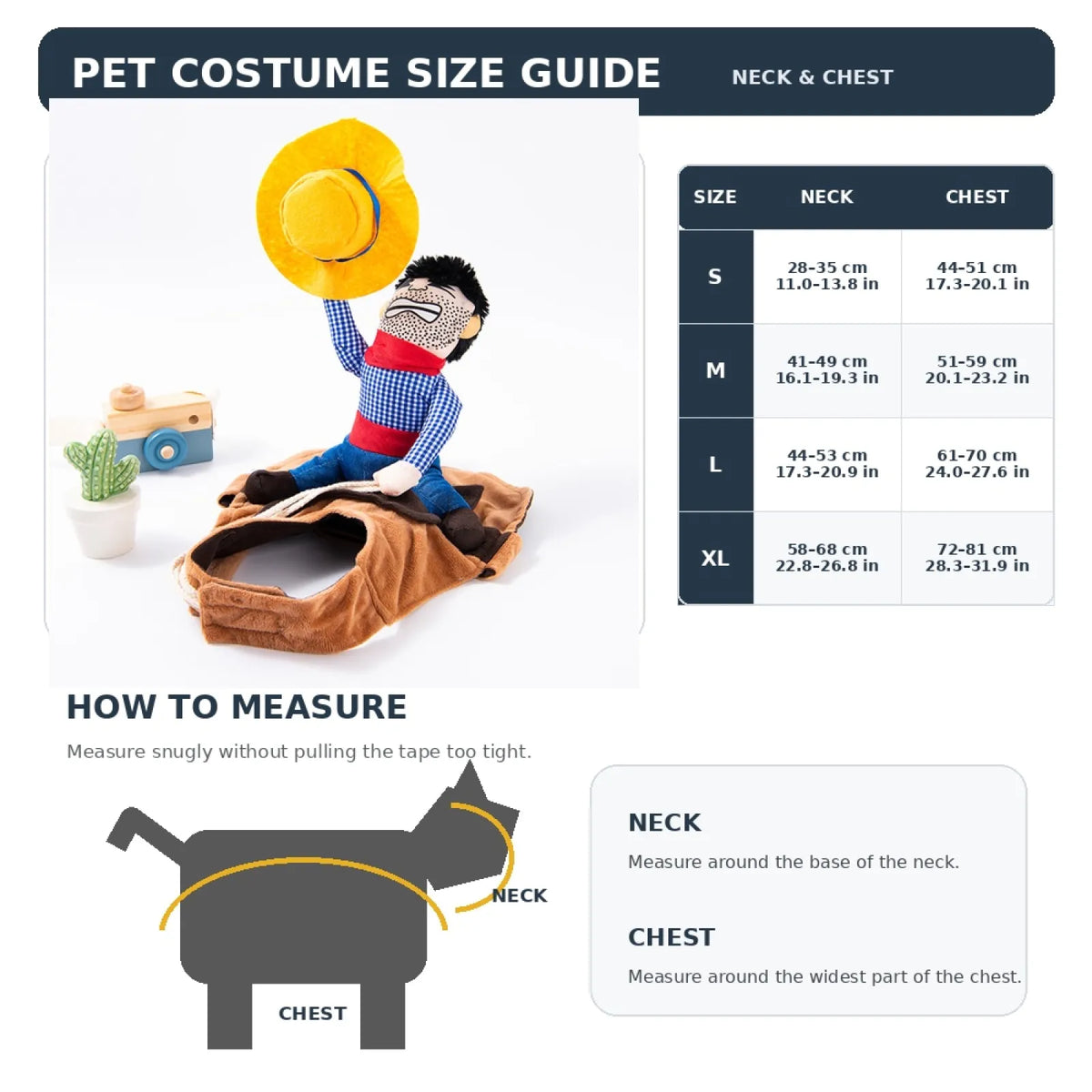 Paw Velour Cowboy Rider Pet Costume size guide showing neck and chest measurements for S, M, L, XL